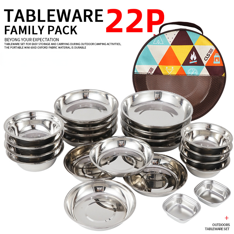 Camping Cooking Dining Set - キャンププレート22枚セット,ポータブル,セルフ駆動,プレート付き,スープ鍋,プレート一式,新品