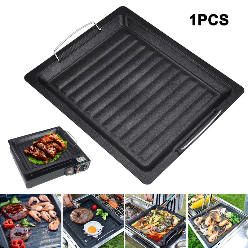 Camping Cooking Candle - 屋外用厚い四角グリルパン 2つのハンドル付き ポータブルノンスティックグリルパン ベーキングトレイ 外出用 バーベキュー