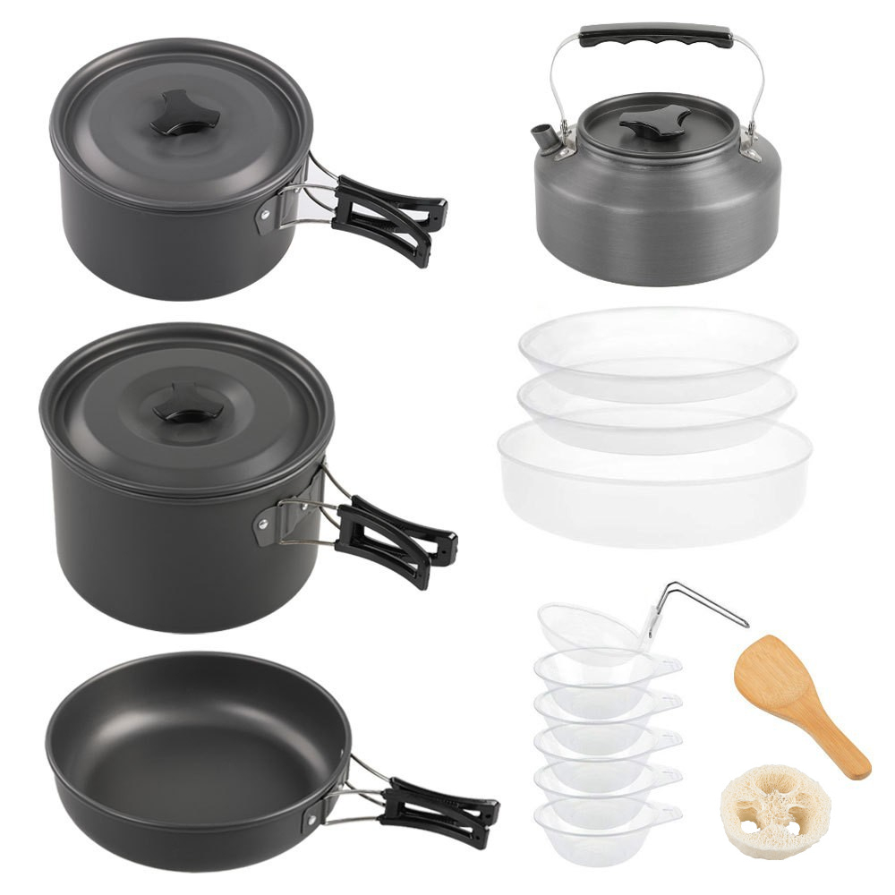 Camping Cooking Pot Large - 屋外用大型調理器具セット、2～4人用入れ子式鍋セット、キャンプ用ティーポットセット、キャンプ用鍋セット、ピクニックセット、キャンプ用調理器具セット