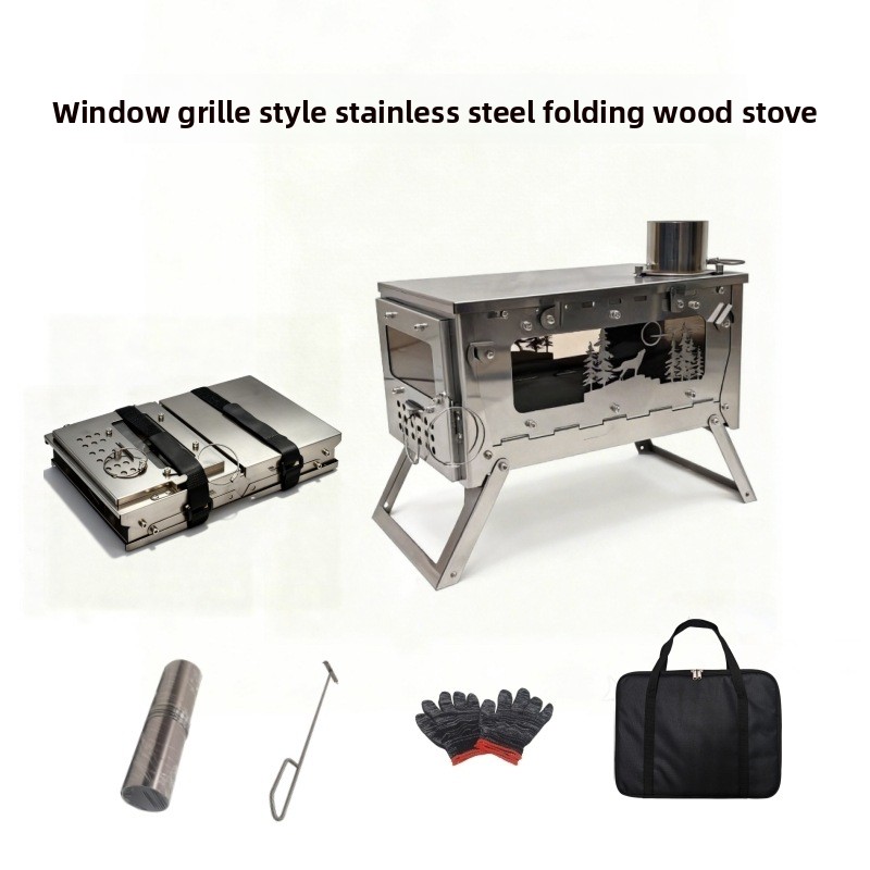 Camping Cooking Grate - ステンレス製折りたたみ式ポータブル薪ストーブBBQグリル、アウトドアテント、キャンプ、ハイキング、バックパック用暖房薪ストーブ、ファイヤーピット