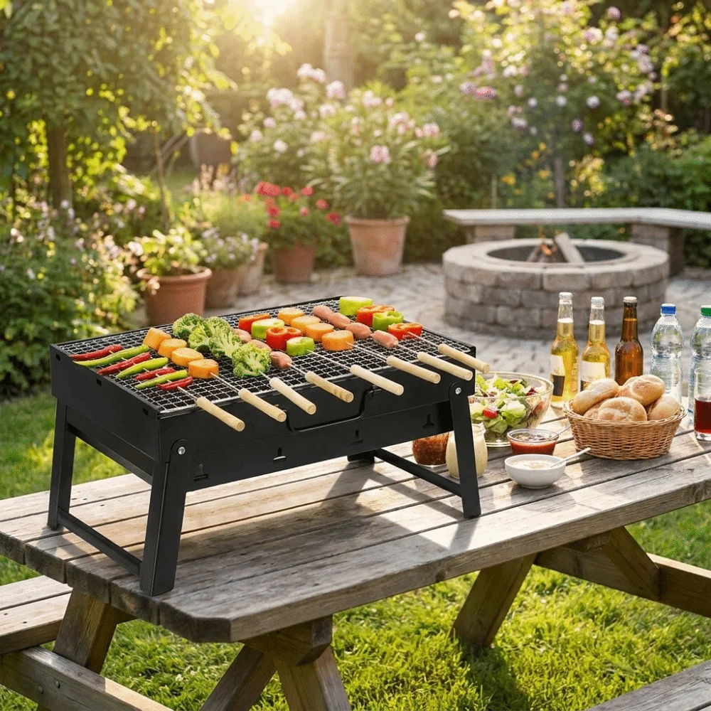 Camping Cooking Easy - 携帯用厚型BBQストーブ 省スペースで持ち運び簡単 キャンプ用折りたたみ式カーボングリル 耐久性のある小型グリルラック アウトドアクッキング用