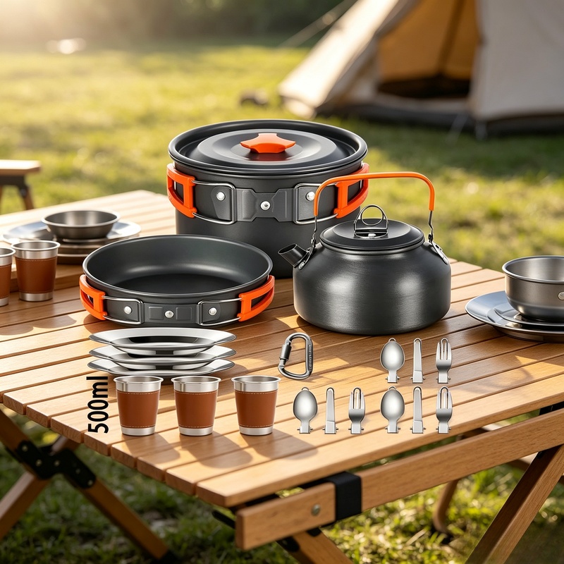 Camping Cooking Candle - 2～3人用ノンスティックキャンプ調理器具セット、携帯用屋外ピクニック旅行食器（ティーポット付き）