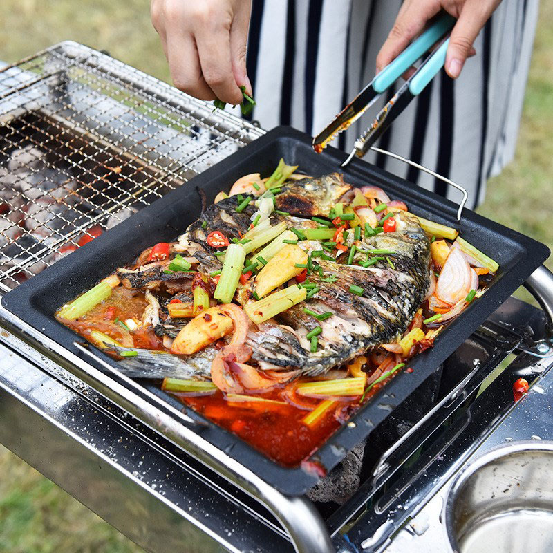屋外用厚い四角グリルパン 2つのハンドル付き ポータブルノン - Camping Cooking Candle のレビューと価格