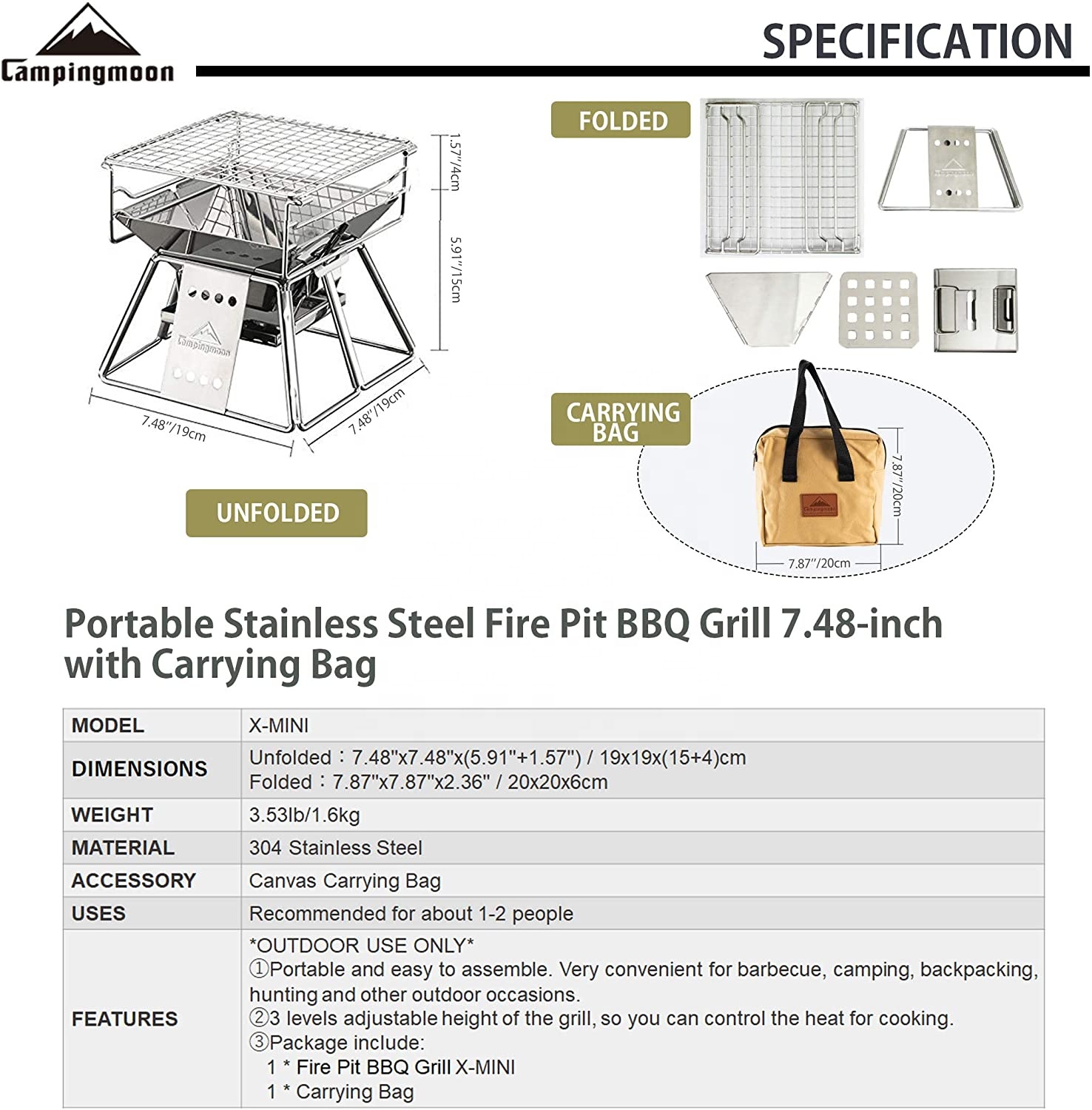 キャンプムーン-垂直調整可能なステンレス鋼バーベキューグリル - Camping Cooking Grate のレビューと価格