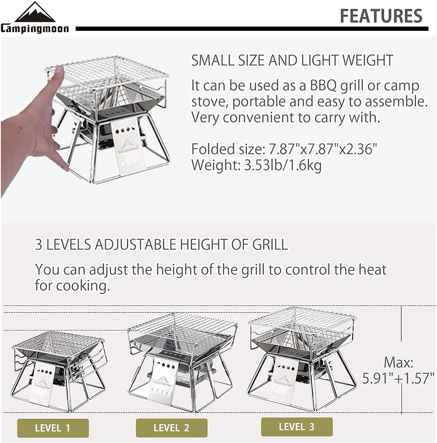 キャンプムーン-垂直調整可能なステンレス鋼バーベキューグリル - Camping Cooking Grate のレビューと価格